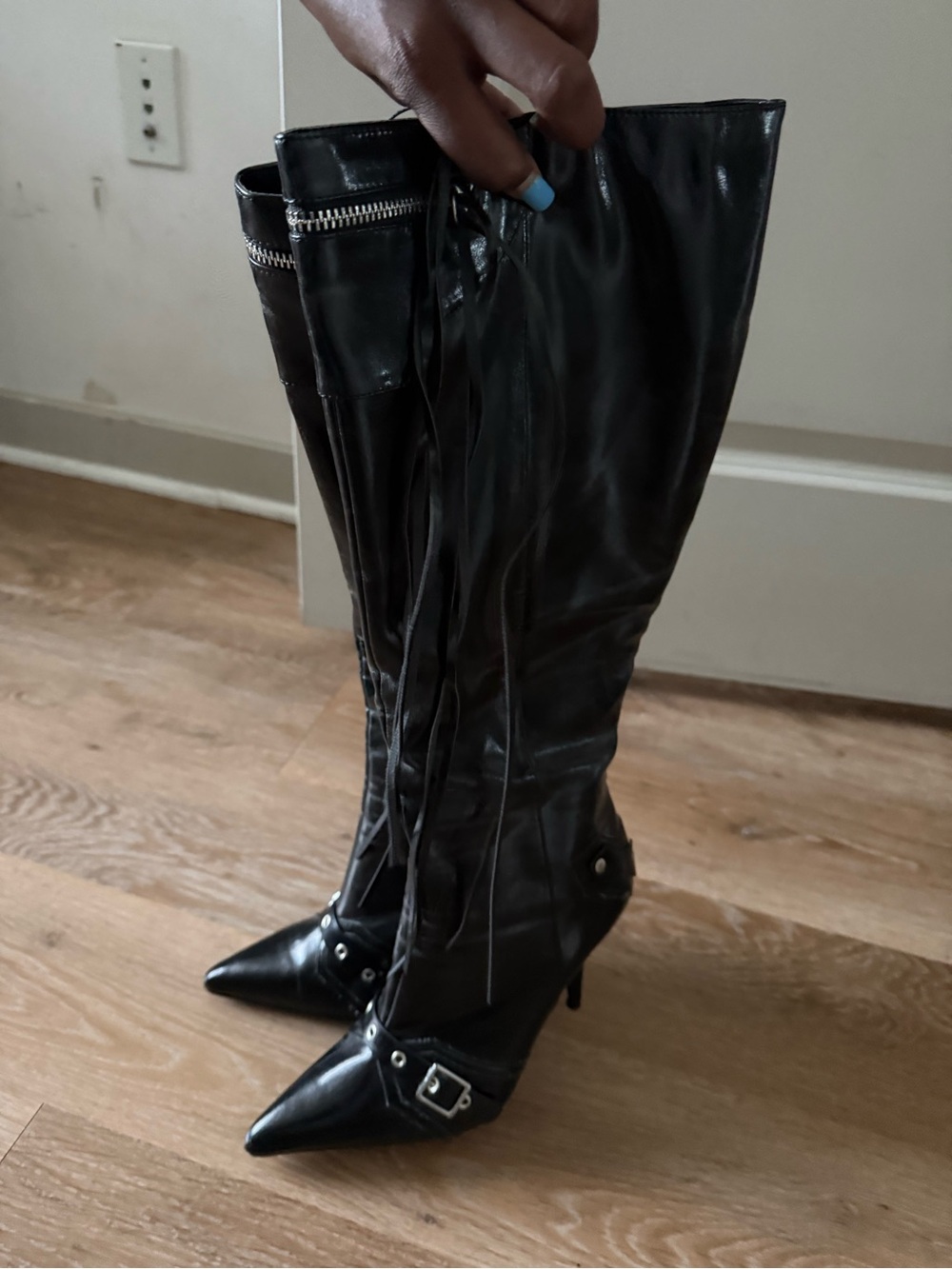 SHEIN Black Knee-High Pointed-Toe Lace-Up Stiletto Boots